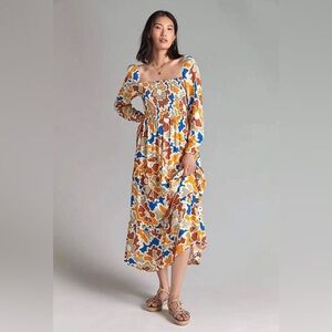 Anthropologie Dolan Smocked Midi Dress Floral Abstract Sz M Boho Chic Spring